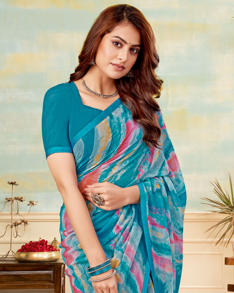 Vishal Prints Deep Aqua Blue Printed Georgette Saree With Satin Piping
