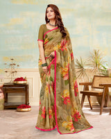 Vishal Prints Dark Beige Printed Georgette Saree With Satin Piping