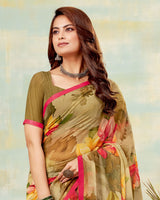 Vishal Prints Dark Beige Printed Georgette Saree With Satin Piping