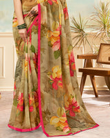 Vishal Prints Dark Beige Printed Georgette Saree With Satin Piping