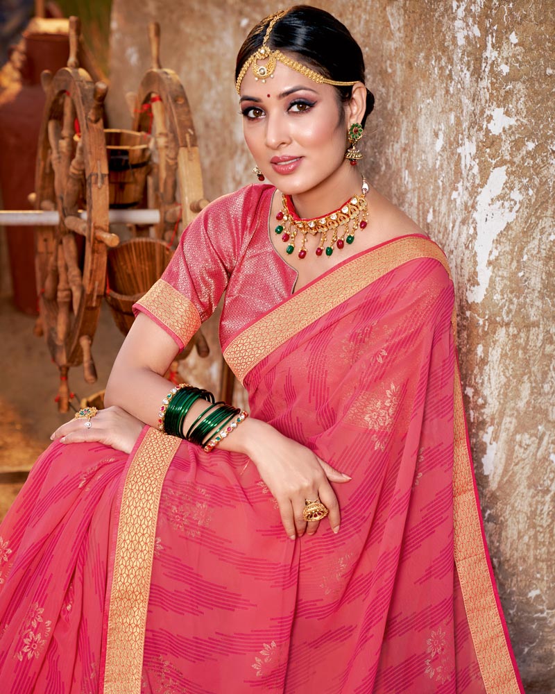 Vishal Prints Pink Chiffon Saree With Foil Print And Zari Border