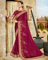 Vishal Prints Maroon Chiffon Saree With Foil Print And Zari Border