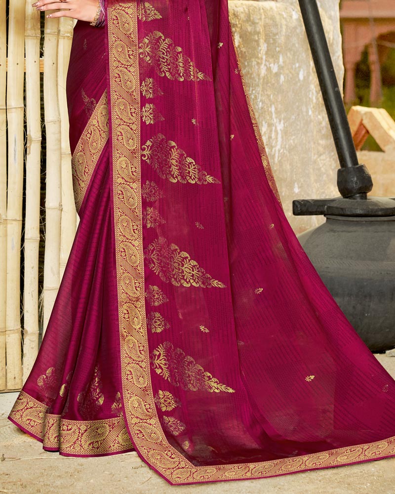 Vishal Prints Maroon Chiffon Saree With Foil Print And Zari Border