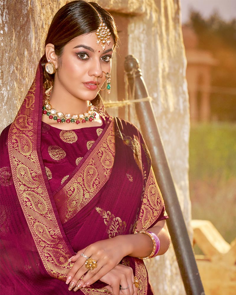 Vishal Prints Maroon Chiffon Saree With Foil Print And Zari Border