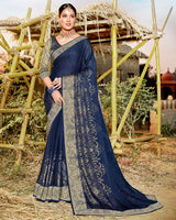 Vishal Prints Dark Blue Chiffon Saree With Foil Print And Zari Border