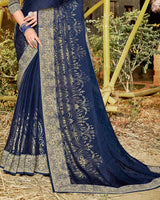 Vishal Prints Dark Blue Chiffon Saree With Foil Print And Zari Border