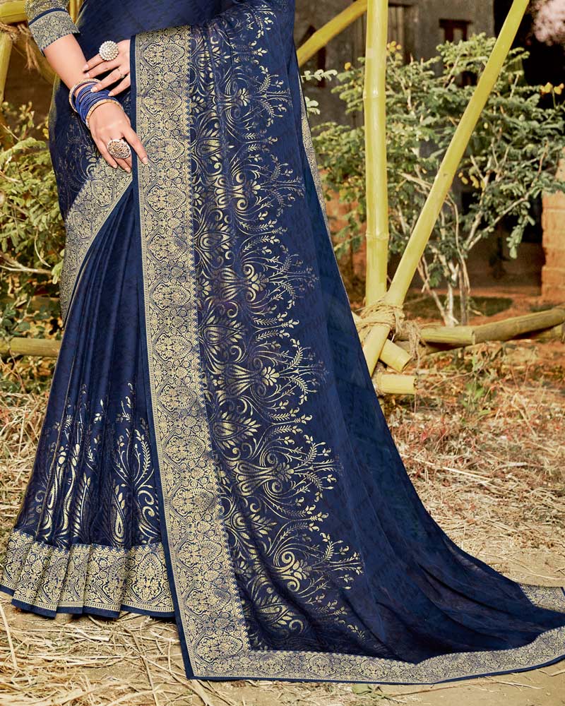 Vishal Prints Dark Blue Chiffon Saree With Foil Print And Zari Border