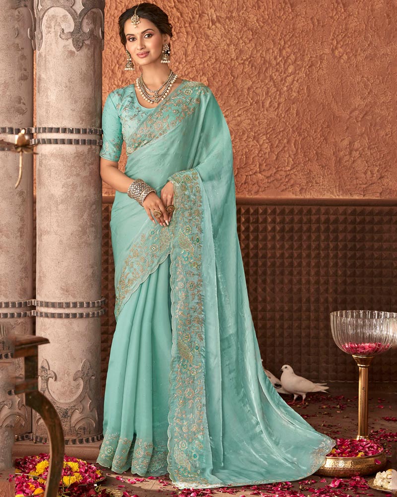 Vishal Prints Pastel Teal Green Designer Organza Saree With Embroidery Diamond Work And Core Piping
