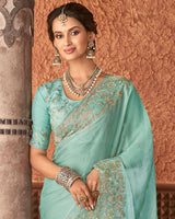 Vishal Prints Pastel Teal Green Designer Organza Saree With Embroidery Diamond Work And Core Piping