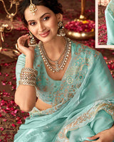 Vishal Prints Pastel Teal Green Designer Organza Saree With Embroidery Diamond Work And Core Piping