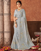 Vishal Prints Grey Designer Organza Saree With Embroidery Diamond Work And Core Piping