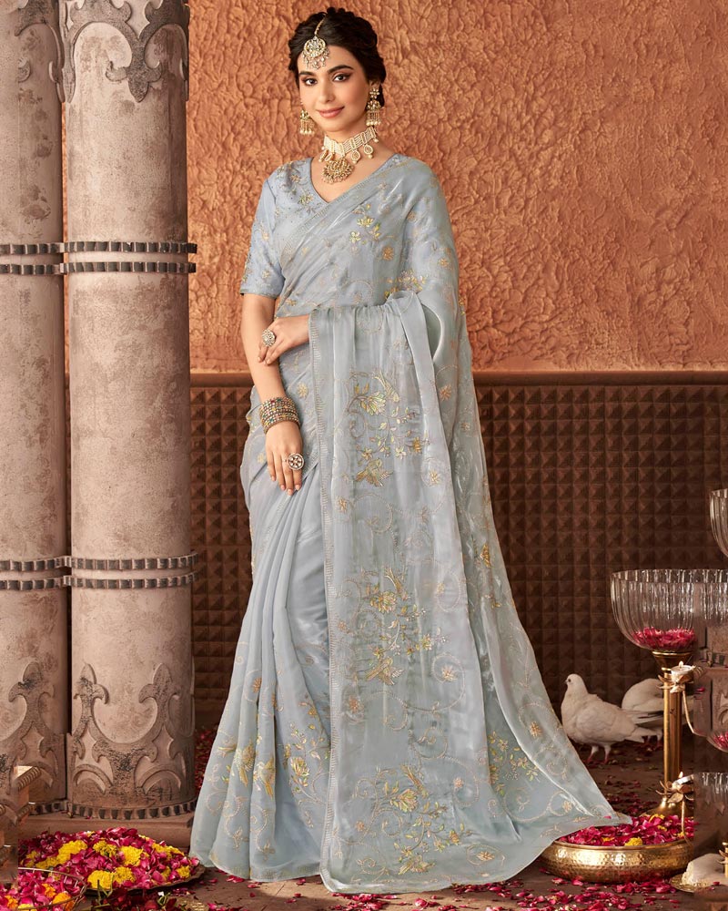 Vishal Prints Grey Designer Organza Saree With Embroidery Diamond Work And Core Piping