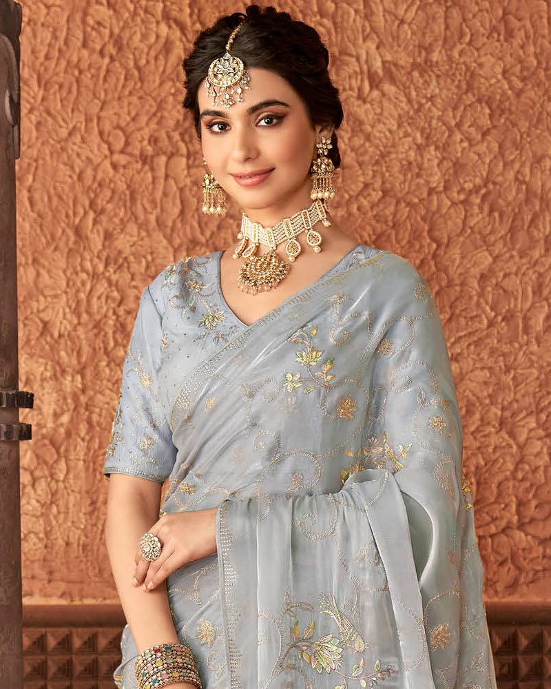 Vishal Prints Grey Designer Organza Saree With Embroidery Diamond Work And Core Piping
