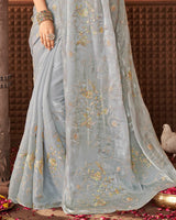 Vishal Prints Grey Designer Organza Saree With Embroidery Diamond Work And Core Piping