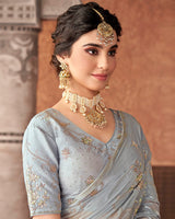 Vishal Prints Grey Designer Organza Saree With Embroidery Diamond Work And Core Piping