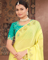 Vishal Prints Pastel Yellow Designer Organza Saree With Embroidery Diamond Work And Core Piping
