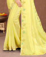 Vishal Prints Pastel Yellow Designer Organza Saree With Embroidery Diamond Work And Core Piping