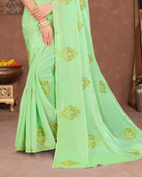 Vishal Prints Pastel Sage Green Designer Organza Saree With Embroidery Diamond Work And Core Piping