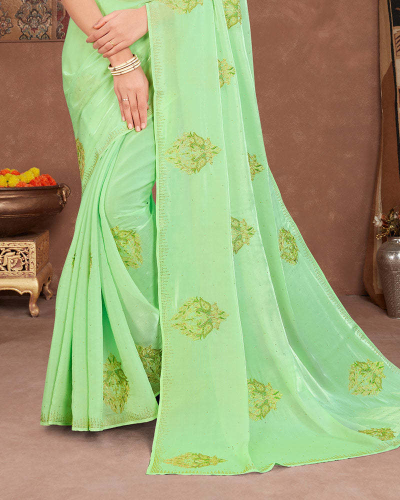 Vishal Prints Pastel Sage Green Designer Organza Saree With Embroidery Diamond Work And Core Piping