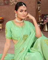 Vishal Prints Pastel Sage Green Designer Organza Saree With Embroidery Diamond Work And Core Piping