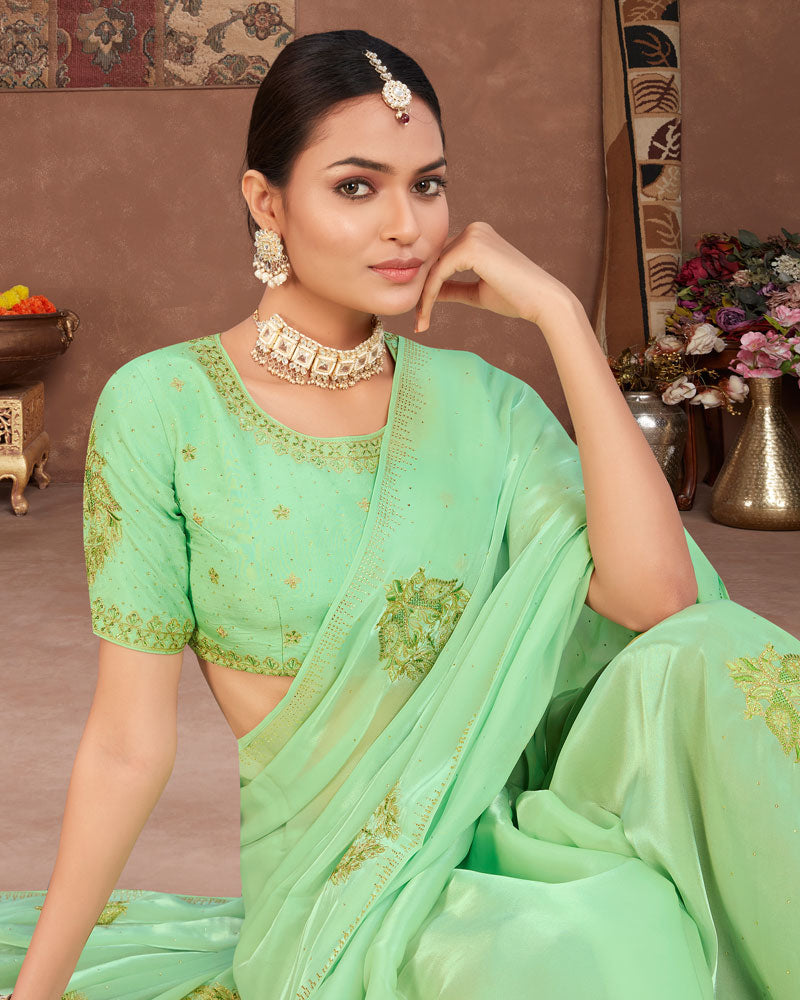 Vishal Prints Pastel Sage Green Designer Organza Saree With Embroidery Diamond Work And Core Piping