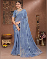 Vishal Prints Dark Pastel Blue Designer Organza Saree With Embroidery Diamond Work And Core Piping