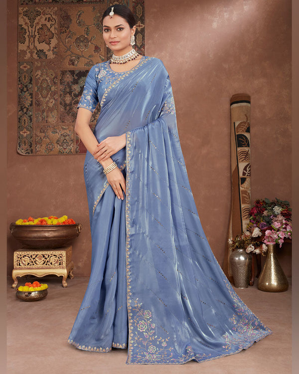 Vishal Prints Dark Pastel Blue Designer Organza Saree With Embroidery Diamond Work And Core Piping