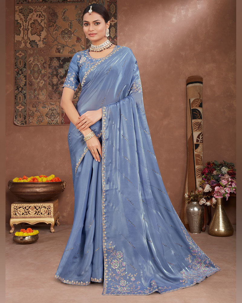 Vishal Prints Dark Pastel Blue Designer Organza Saree With Embroidery Diamond Work And Core Piping
