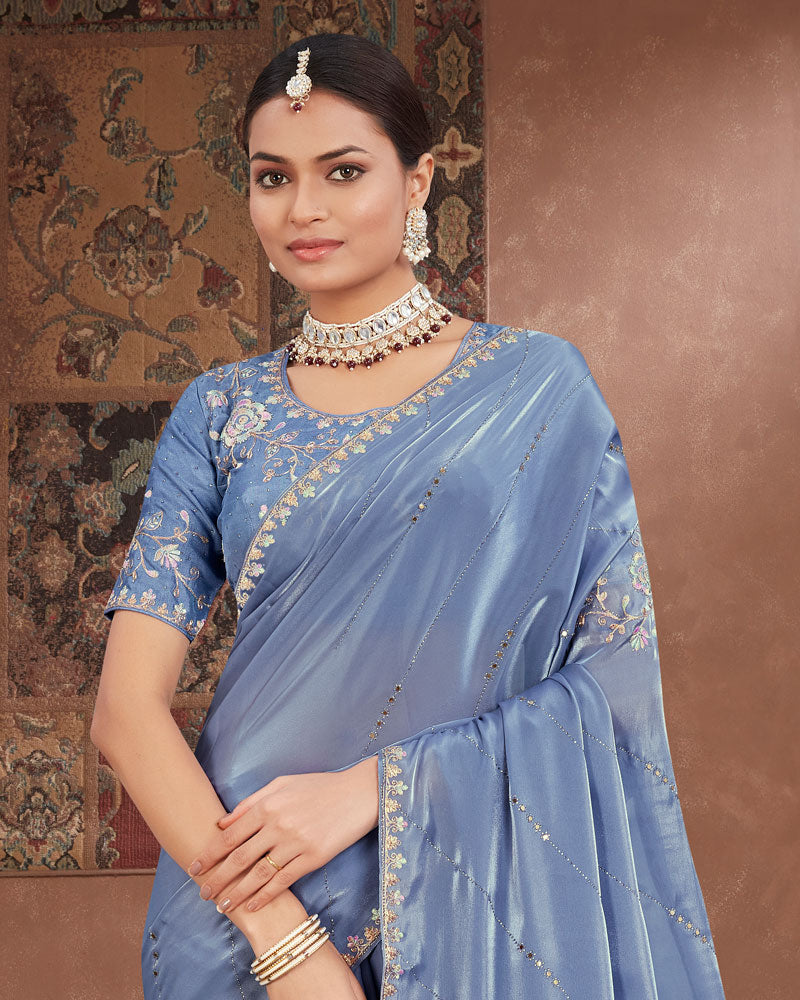 Vishal Prints Dark Pastel Blue Designer Organza Saree With Embroidery Diamond Work And Core Piping