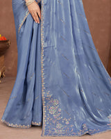 Vishal Prints Dark Pastel Blue Designer Organza Saree With Embroidery Diamond Work And Core Piping