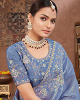 Vishal Prints Dark Pastel Blue Designer Organza Saree With Embroidery Diamond Work And Core Piping