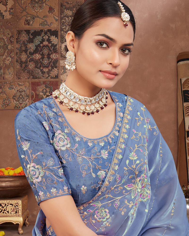 Vishal Prints Dark Pastel Blue Designer Organza Saree With Embroidery Diamond Work And Core Piping