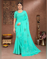 Vishal Prints Turquoise Green Designer Organza Saree With Embroidery Diamond Work And Core Piping