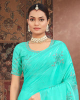 Vishal Prints Turquoise Green Designer Organza Saree With Embroidery Diamond Work And Core Piping