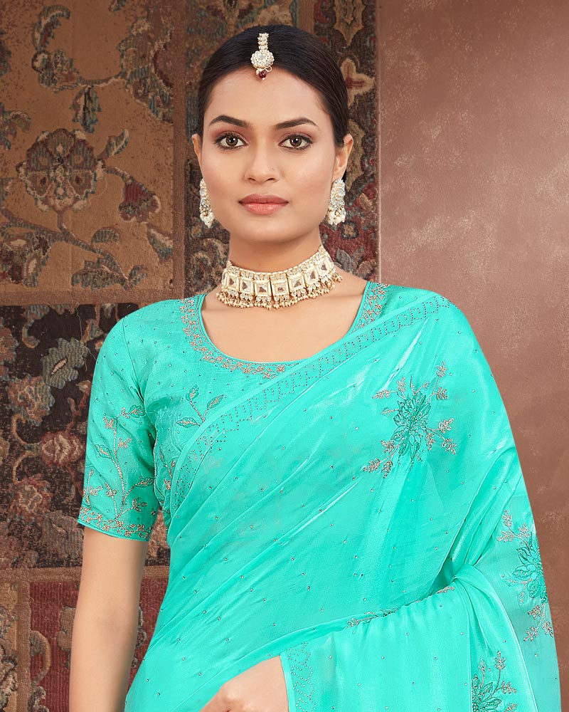 Vishal Prints Turquoise Green Designer Organza Saree With Embroidery Diamond Work And Core Piping