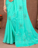 Vishal Prints Turquoise Green Designer Organza Saree With Embroidery Diamond Work And Core Piping