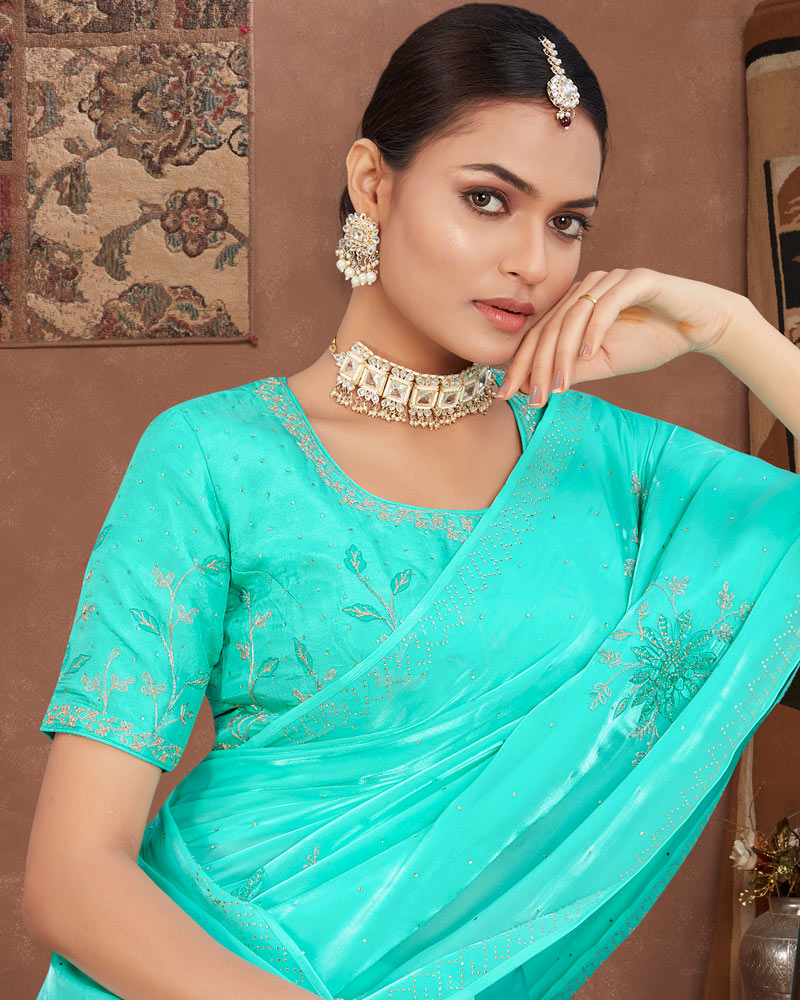 Vishal Prints Turquoise Green Designer Organza Saree With Embroidery Diamond Work And Core Piping