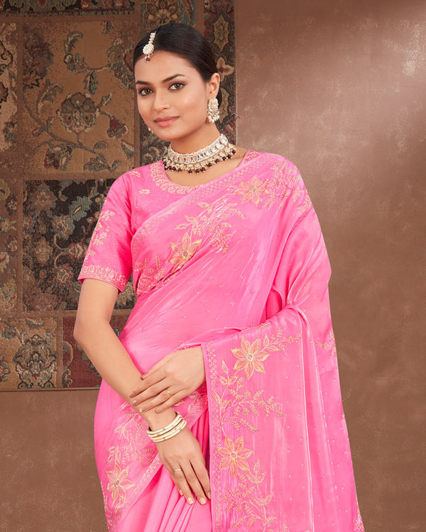 Vishal Prints Dark Rose Pink Designer Organza Saree With Embroidery Diamond Work And Core Piping