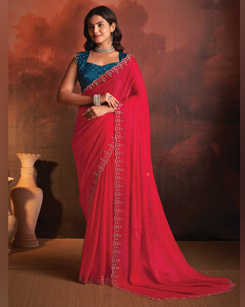 Vishal Prints Pinkish Red Designer Fancy Satin Saree With Diamond Work And Cut Work Border