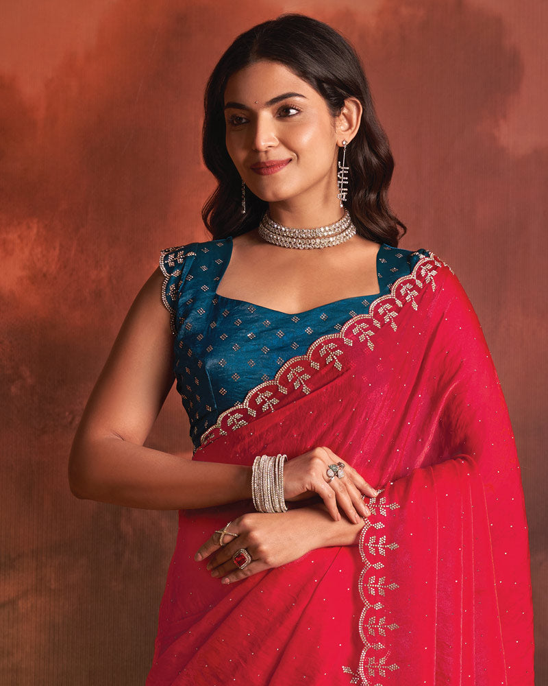 Vishal Prints Pinkish Red Designer Fancy Satin Saree With Diamond Work And Cut Work Border