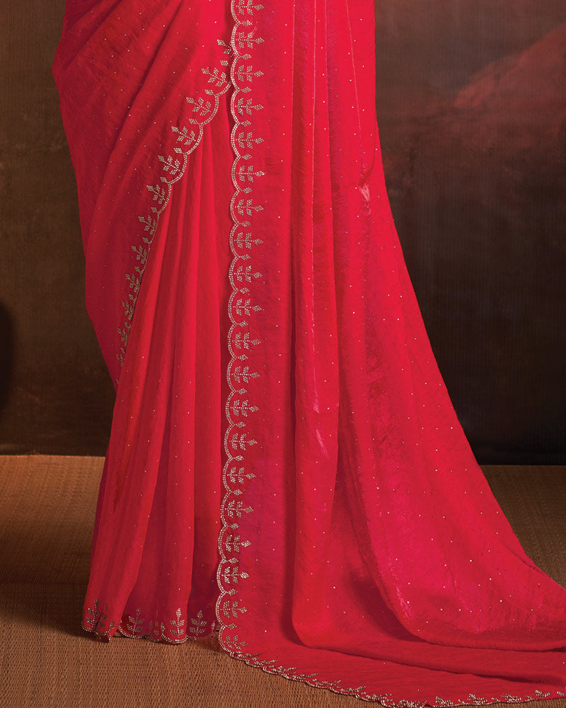 Vishal Prints Pinkish Red Designer Fancy Satin Saree With Diamond Work And Cut Work Border