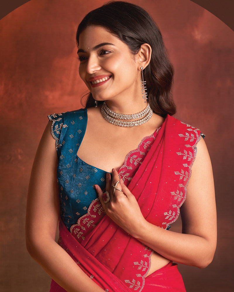 Vishal Prints Pinkish Red Designer Fancy Satin Saree With Diamond Work And Cut Work Border
