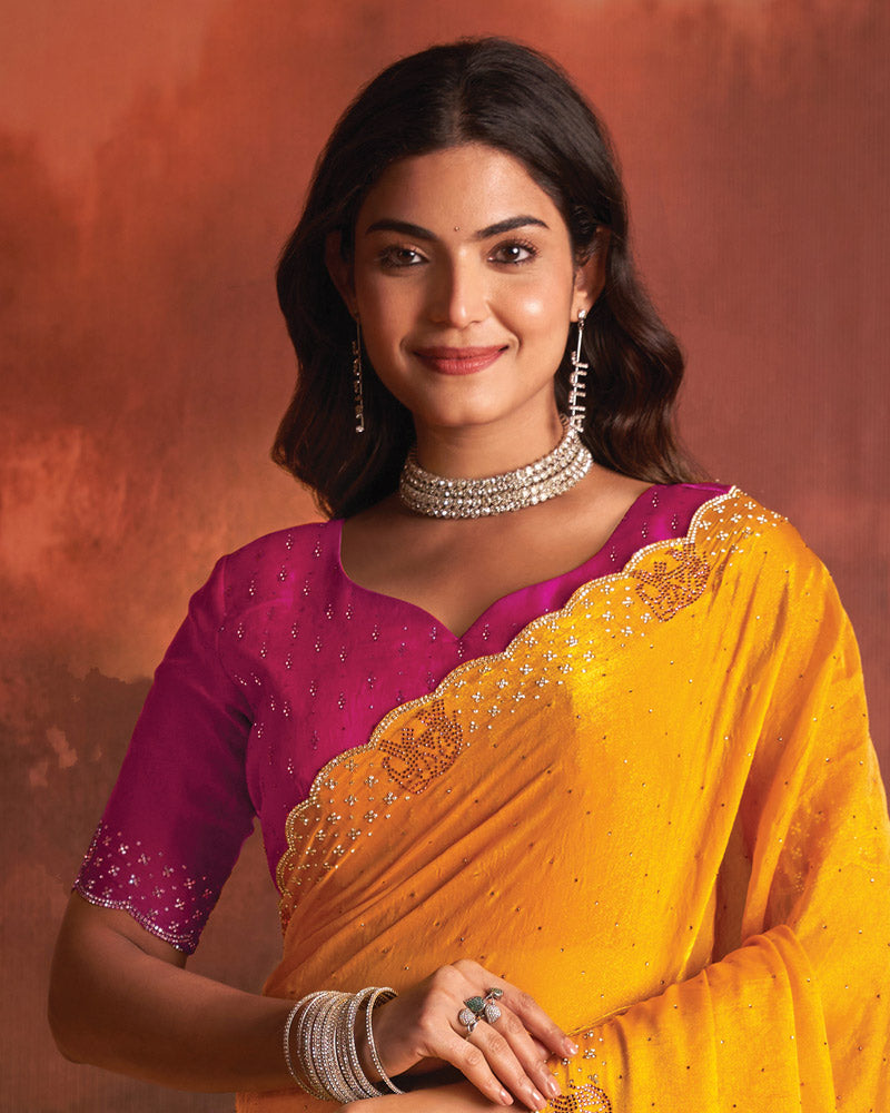 Vishal Prints Chrome Yellow Designer Fancy Satin Saree With Diamond Work And Cut Work Border