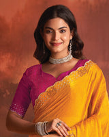 Vishal Prints Chrome Yellow Designer Fancy Satin Saree With Diamond Work And Cut Work Border