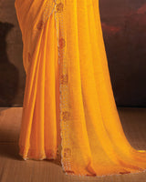 Vishal Prints Chrome Yellow Designer Fancy Satin Saree With Diamond Work And Cut Work Border