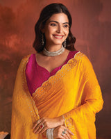 Vishal Prints Chrome Yellow Designer Fancy Satin Saree With Diamond Work And Cut Work Border