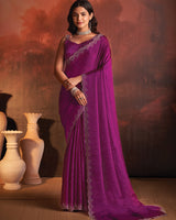 Vishal Prints Dark Magenta Designer Fancy Satin Saree With Diamond Work And Cut Work Border