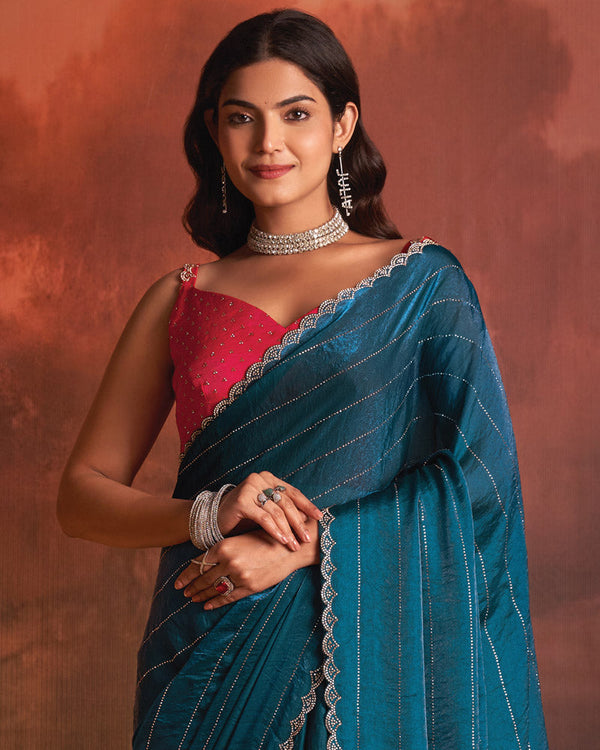 Vishal Prints Peacock Blue Designer Fancy Satin Saree With Diamond Work And Cut Work Border