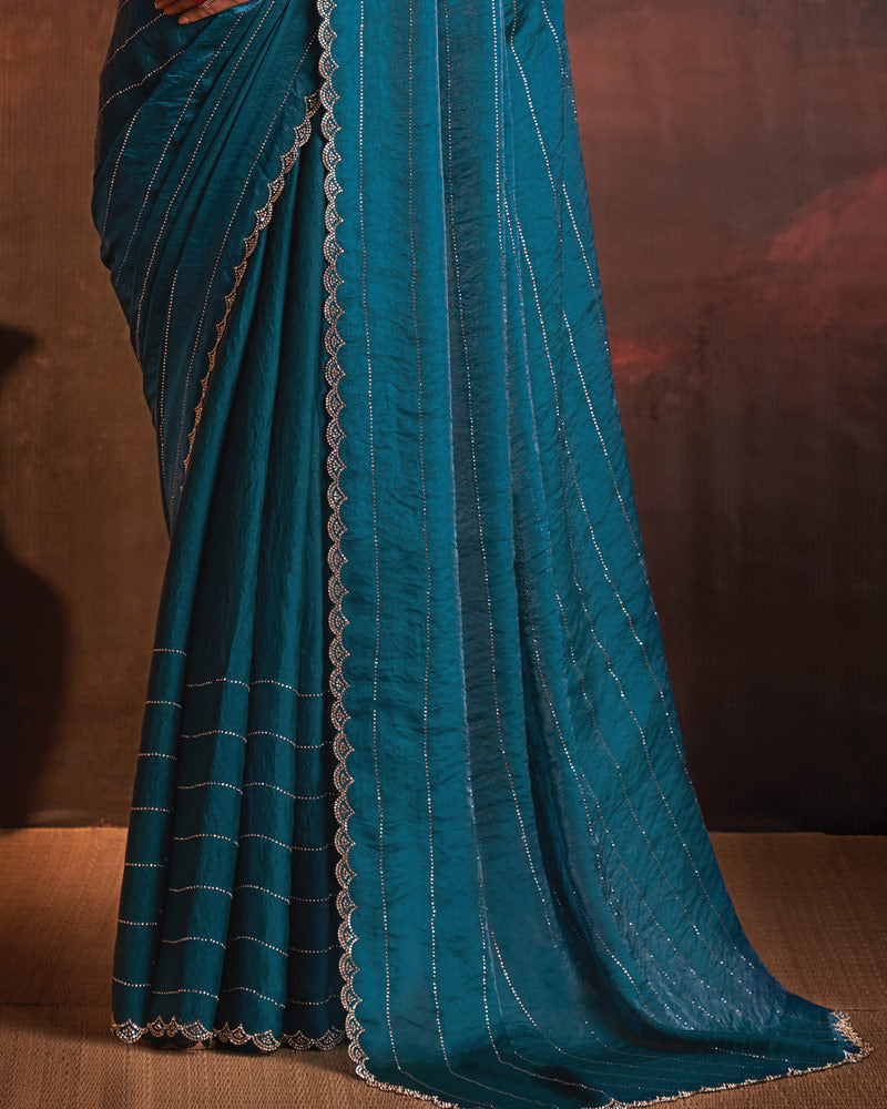 Vishal Prints Peacock Blue Designer Fancy Satin Saree With Diamond Work And Cut Work Border