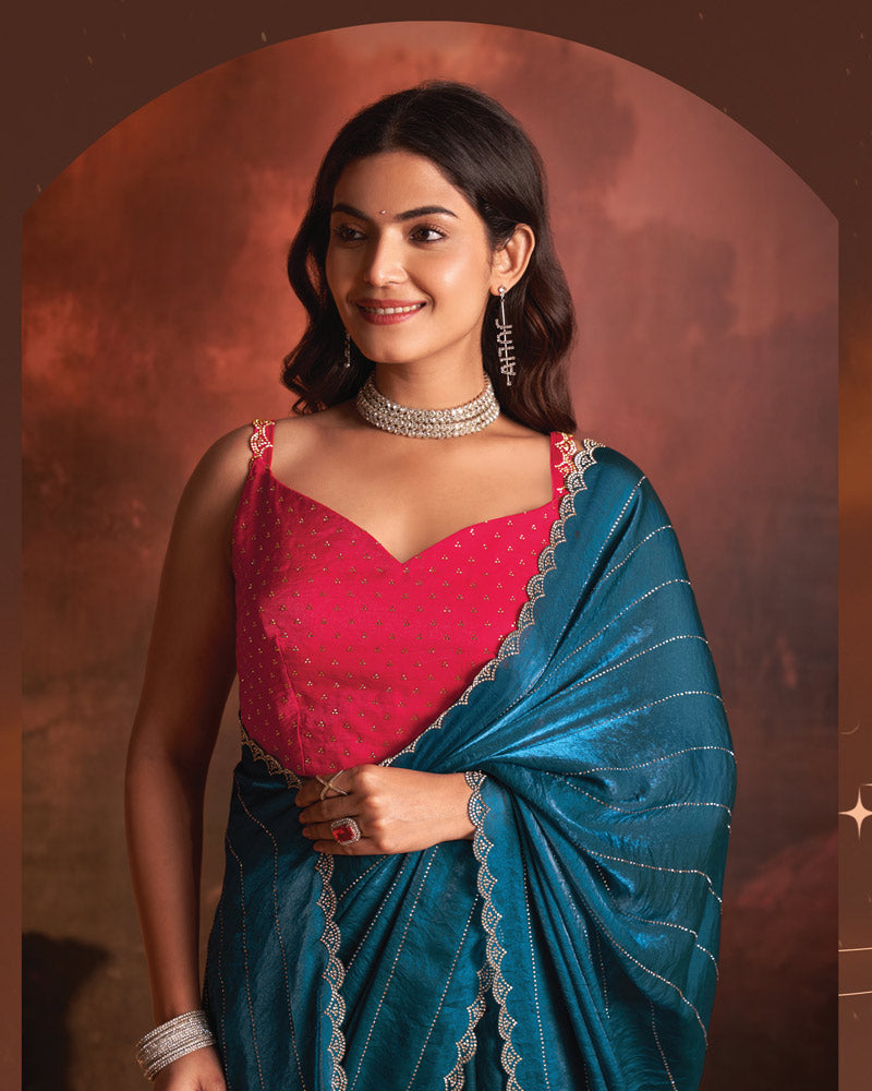 Vishal Prints Peacock Blue Designer Fancy Satin Saree With Diamond Work And Cut Work Border